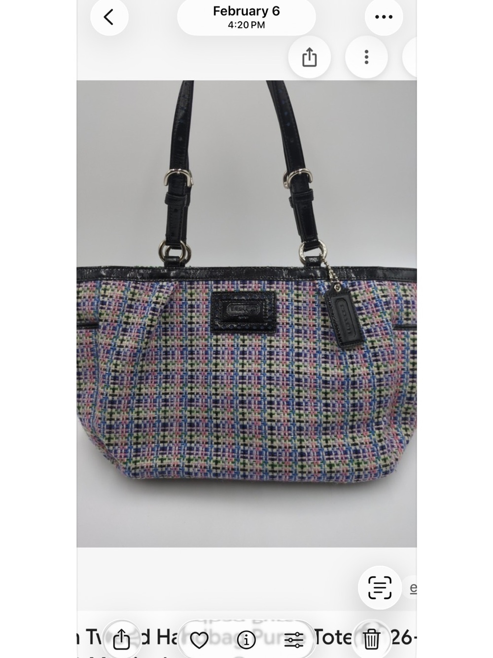 Coach Multicolor Tweed Shoulder Bag with Black Leather Trim